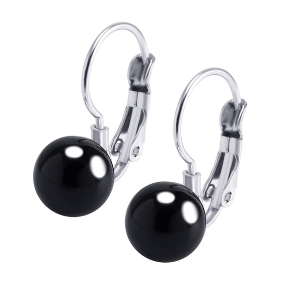 555Jewelry Womens Stainless Steel Bead Ball Round Shape Dangle Drop High Polish Minimal Minimalist Classic Fashion Jewelries Accessories Leverback Hoop Earrings Pair, Silver & Black Onyx