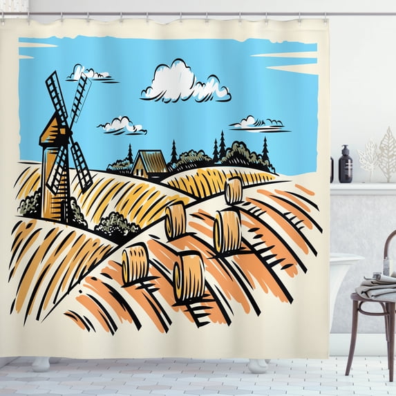 Ambesonne Landscape Shower Curtain, Windmillnd Hay Bales, 69"Wx84"L, Pale Brown Earth Yellow