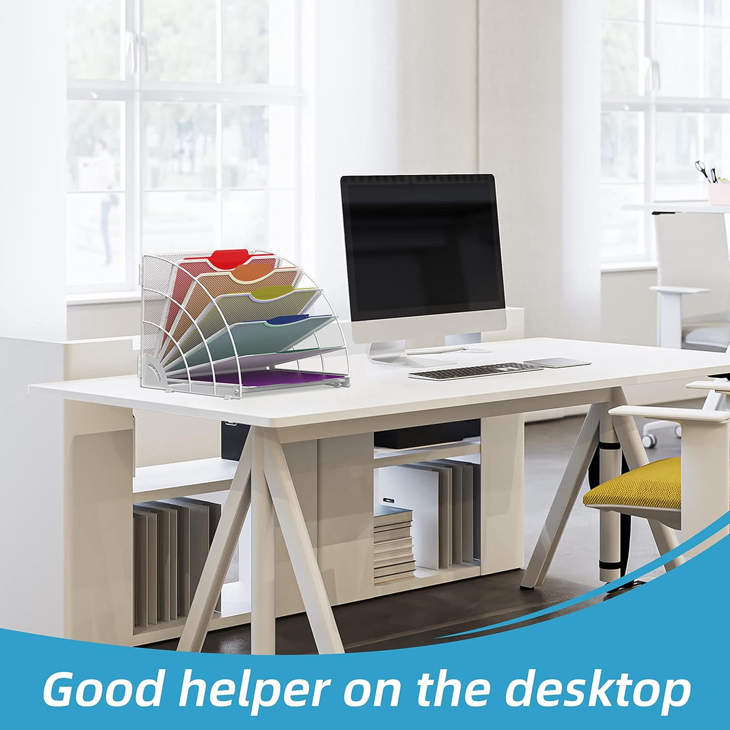 INTIGE Fan Shaped Desk File Organizer, 6 Compartments, Desktop Accessories for Workspace,White