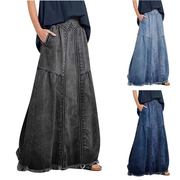 Daiosportswear Women'S Elastic Waist Frayed Hem A-Line Distressed Hippie Long Maxi Denim Skirt,Jean Skirt for Women Light Blue 10(XL)