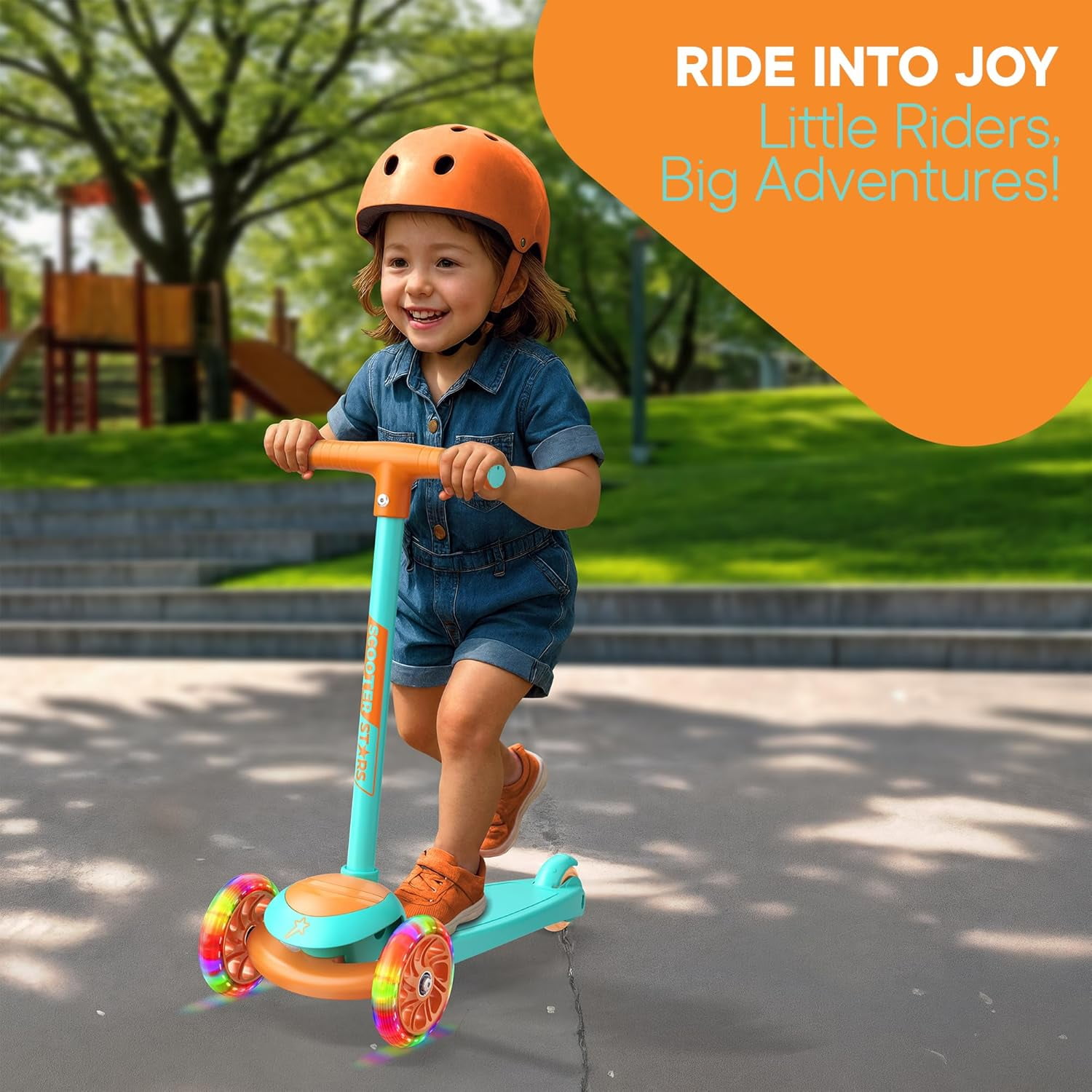Scooter Stars 3-Wheel Kids Scooter with Light-Up LED Front Wheels, Wide Anti-Slip Deck, Rear Foot Brake, Lean-to-Steer Ride-On Toy