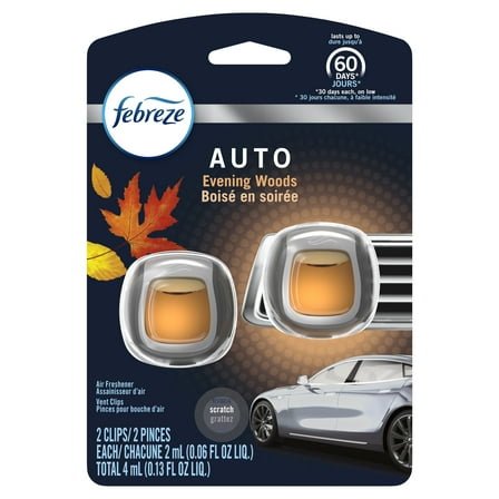 Febreze Auto Odor-Eliminating Car Freshener Vent Clip, Evening Woods, .06 oz, 2 Pack