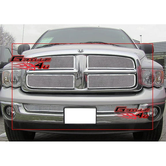 APS Compatible with Dodge Ram 1500 2500 3500 2002-2005 Main Upper Lower Bumper Stainless Steel Chrome Mesh Front Grill Grille Insert Combo D77998T