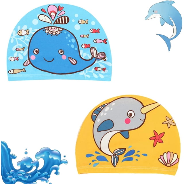 gorros de natación para niños bonitos, gorros de natación de competición, gorro de natación de poliéster elástico de dibujos animados, gorro de natación para niños y niñas de 1 a 8 años, 7,7 x 5,9 pul JFHHH pequeña