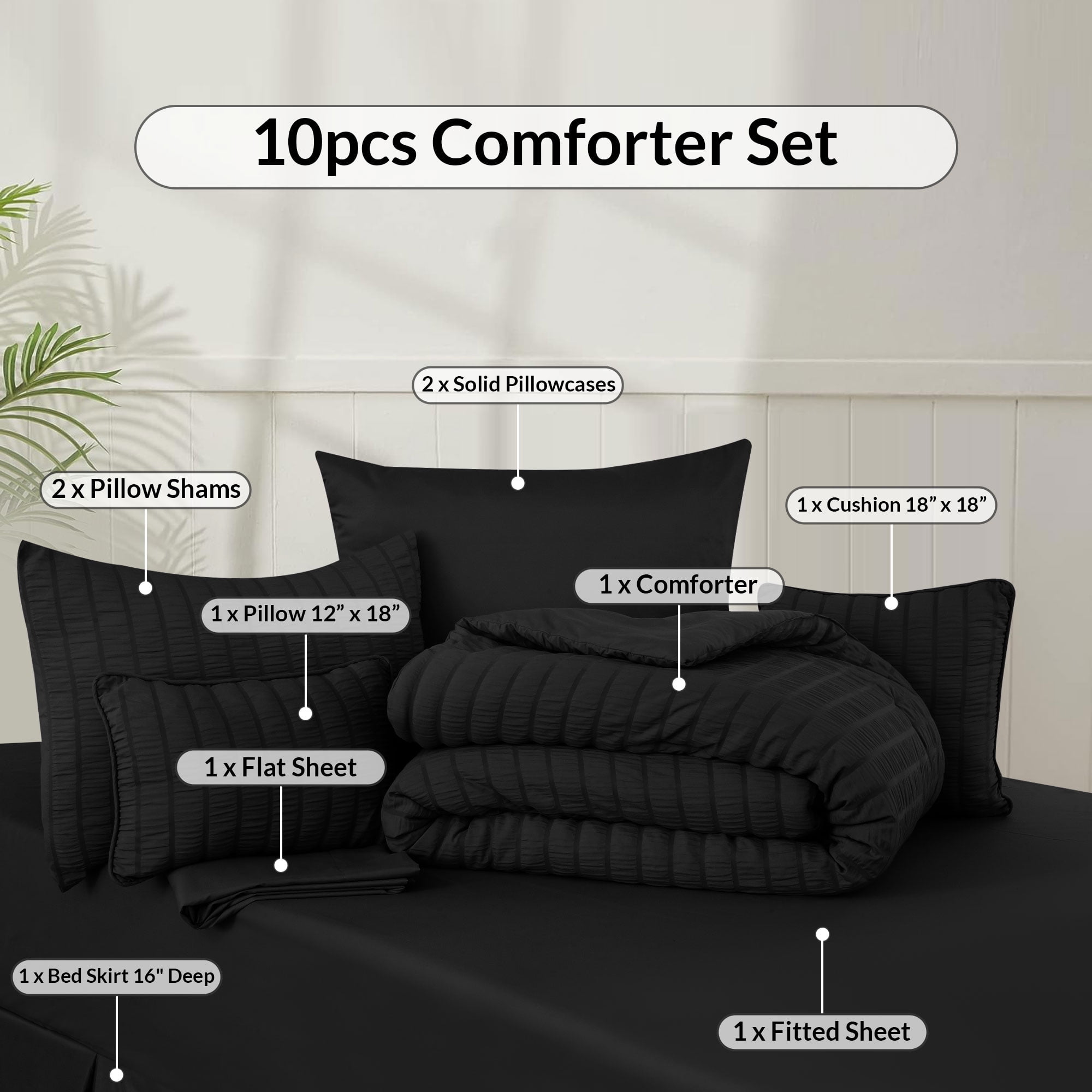 Lux Decor Collection 10-Piece Queen Comforter Set with Sheets - Queen Size Bedding Set, Black