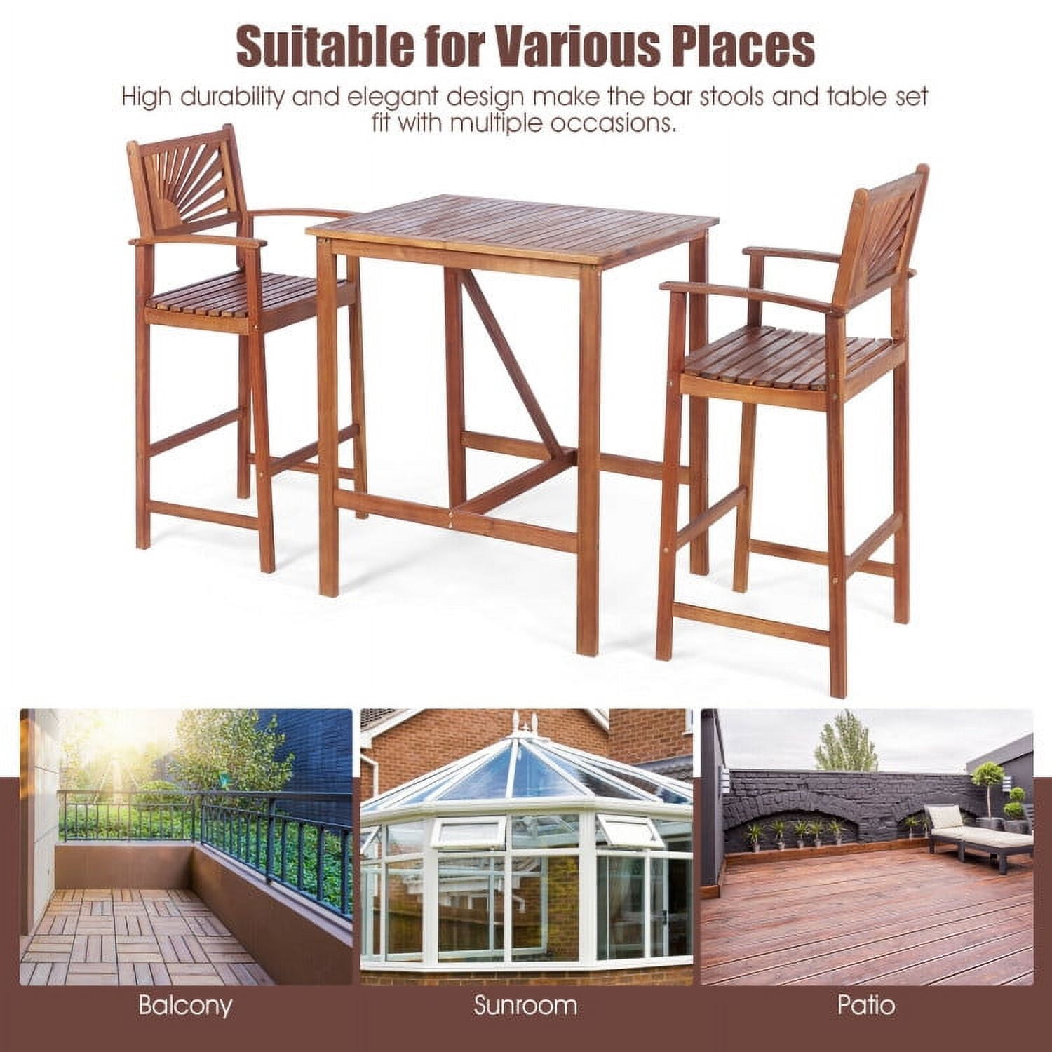 Aimee Lii 3 Pieces Acacia Wood Patio Bar Set with Sunflower Patterned Backrest, Outdoor Patio Furniture