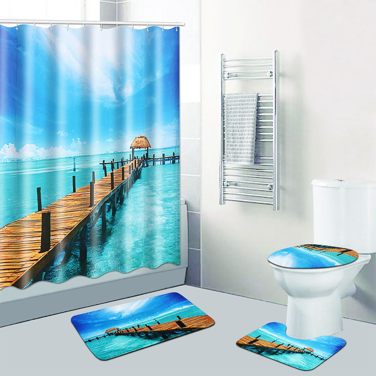 Seaside Scenery Shower Curtain Set Bathroom Rug Non-Slip Mat Toilet Lid Cover 