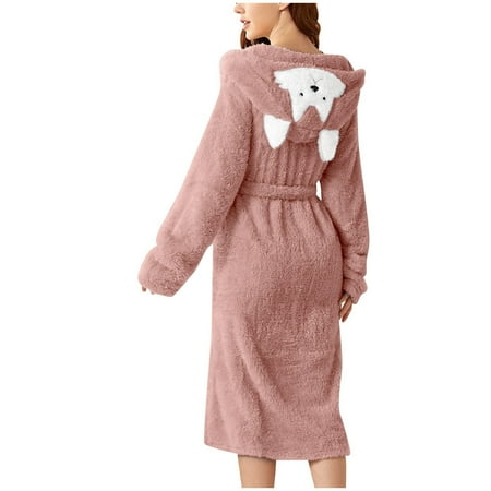 

ZMHEGW Sleepwear For Women Nightgown Double Pocket 3D Ear Hooded Flannel Bathrobe Soft And Warm Double Faced Velvet Bathrobe Pajamas And Home Wear