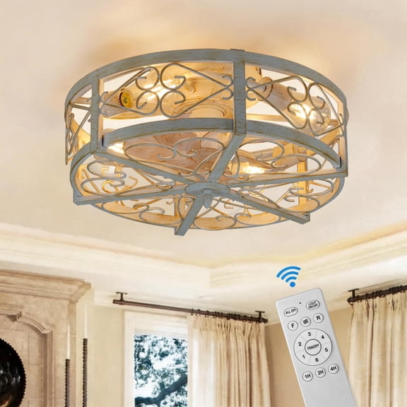 RJFKSNC 20" Farmhouse Caged Ceiling Fan with Light, Bladeless Flush Mount, 6 Speeds, Reversible Motor, Remote Control, E26 Bulb Base, for Living Room Bedroom
