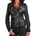 thumbnail image 2 of Women's Genuine Black Lambskin Leather Jacket Motorcycle Slim fit Biker Collared Jacket W306, 2 of 4