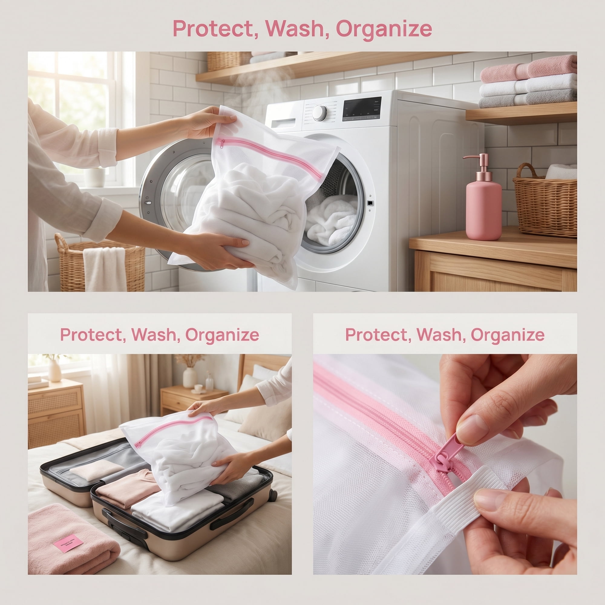 Unique Bargains 3Pcs Durable Mesh Zipper Closure Laundry Bag White-Pink 9.1" x 11.8"