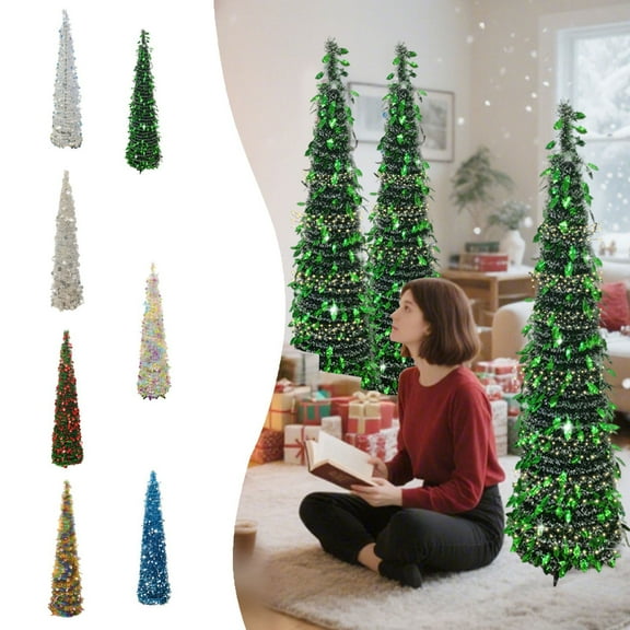 FastXmas 4.9FT Pop Up Christmas Tree with LED Lights and Tree Topper- Collapsible Artificial Tinsel Pencil Christmas Tree, Xmas Tree for Indoor Home Apartment Porch Holiday Party Decorations