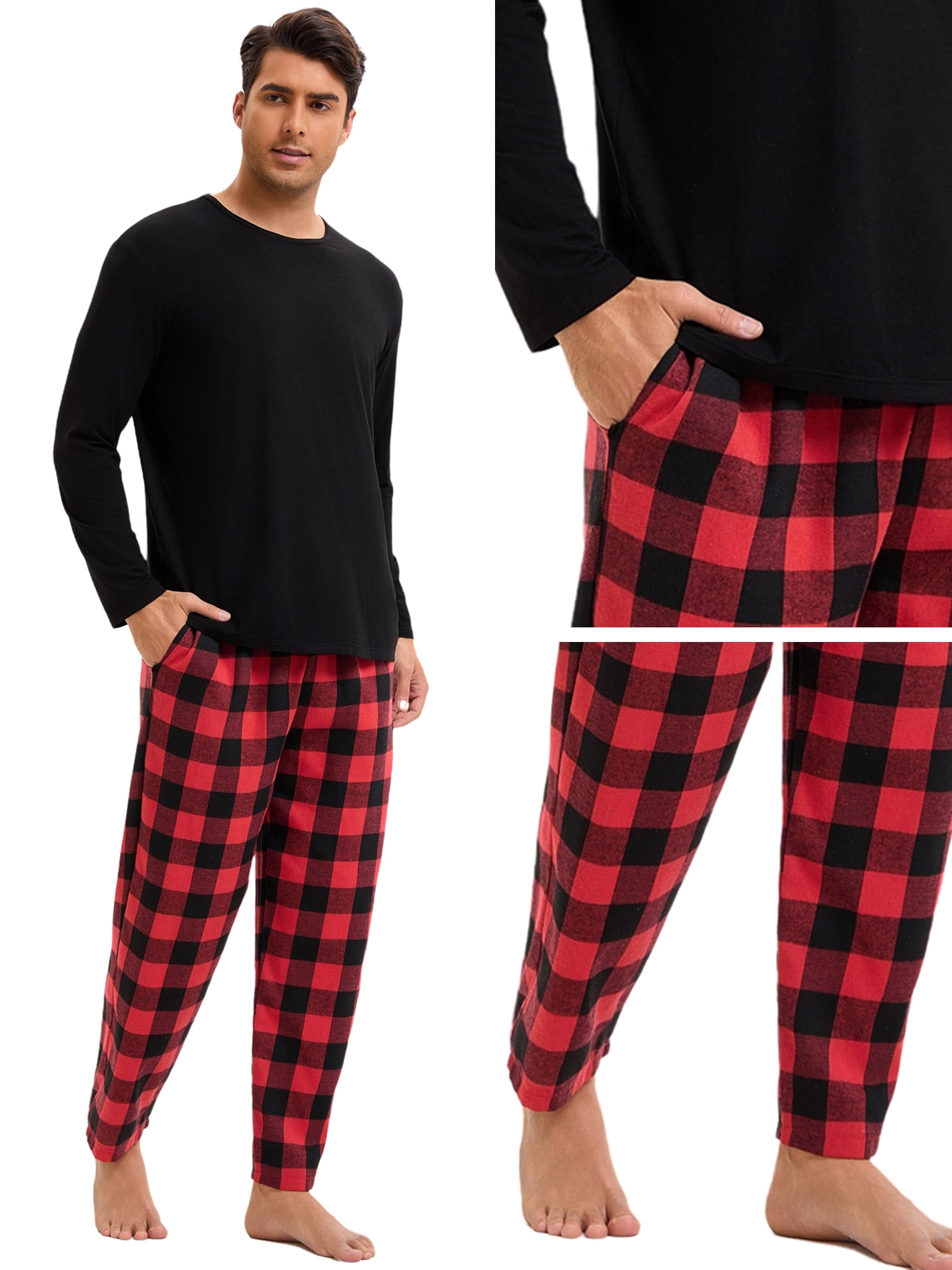 DARING DIVA Men's 2-Piece Long Sleeve Solid Nightwear Plaid Pants Set XL Black Red