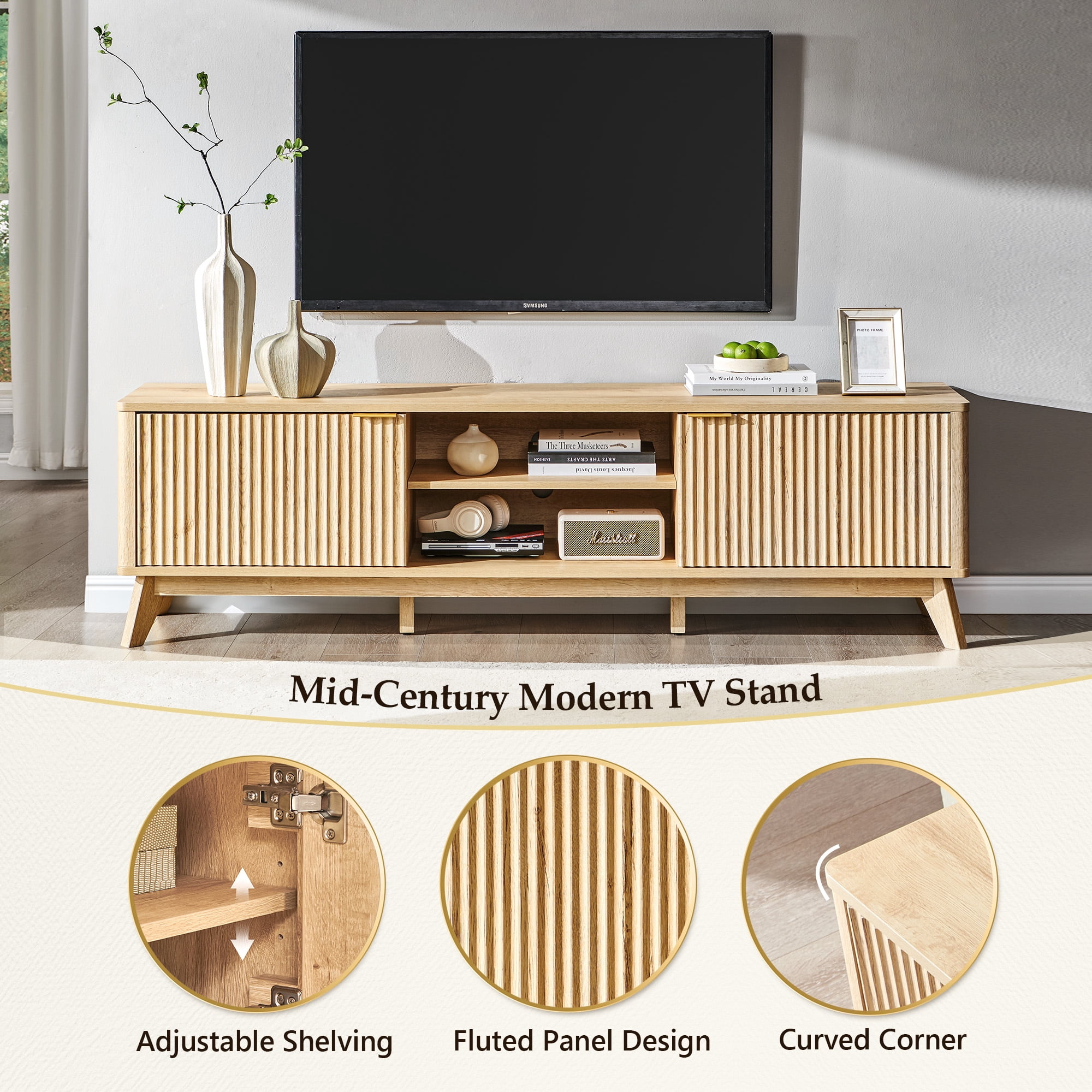 KeyWhat 70" TV Stand with 2 Soft Close Door, Modern Entertainment Center Console Table, Media Furniture for Living Room, Natural Oak