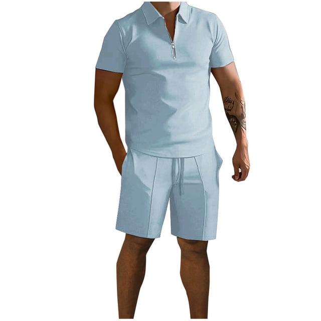 Mens Pantalones Casuales Sólido de Pie Cuello Cremallera Set Deportivo con Manga Corta Solapa Y Pantalones Cortos