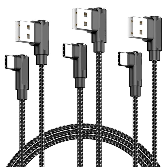 HBMYN USB to USB C Cable 90 Degree 3Pack 3FT, Short Right Angle USB C Cable | Nylon Braided,Fast Charging,for iPhone 17 16 Series S25 S24 S10 S9 Plus Note 9 8,Pixel,ipad,Power Bank,USB C Devices