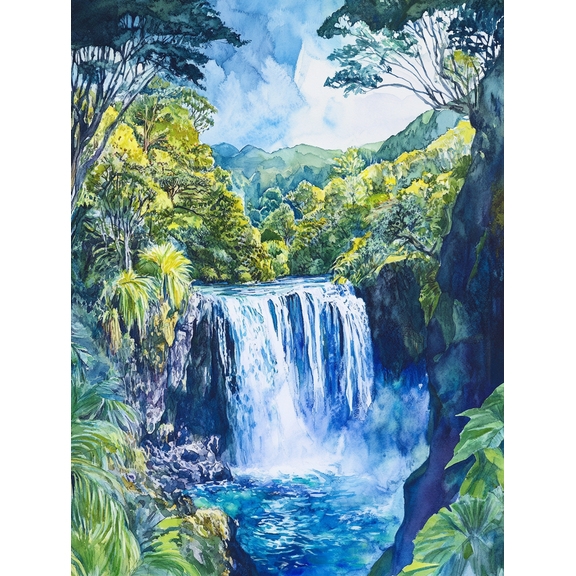 Tropical Waterfall Canvas Print/Watercolor Painting, Suitable for Living Room, Bedroom, Bathroom, Office, and Hotel Decoration.