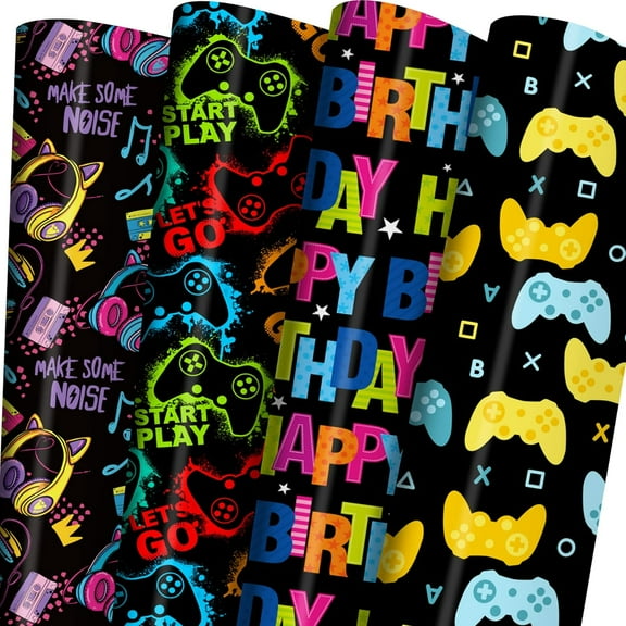 A house of tools Gaming Birthday Wrapping Paper for Boys Girls Kids Baby Shower,Black Gift Wrapping Paper with Colorful Gamepad, Pink Headphones, Happy Birthday, Easy to Store, Not Rolled.