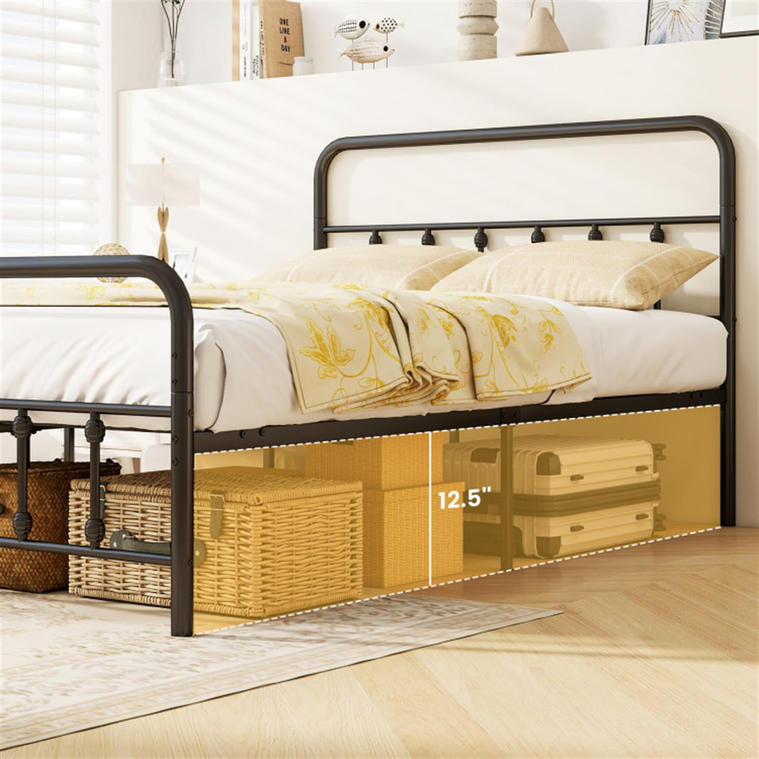 Demi Bonn Full Size Bed Frame with Headboard, Metal Platform Bed Frame with Under Bed Storage, No Box Spring Needed, Black