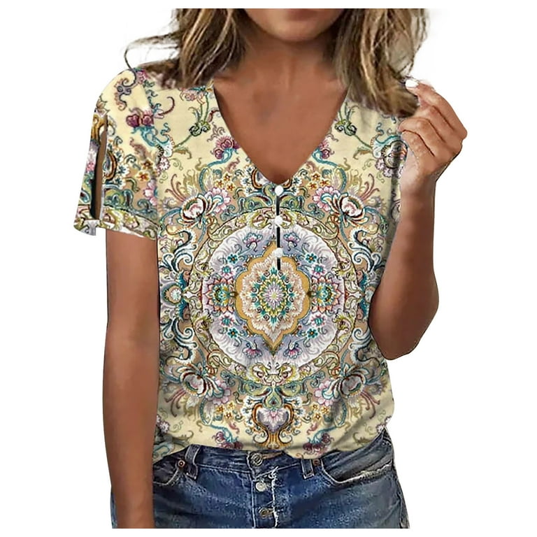 Stamzod Womens T Shirts Fashion Summer Print Ordinary Short Sleeve Round  Neck T-shirt Top Clearance