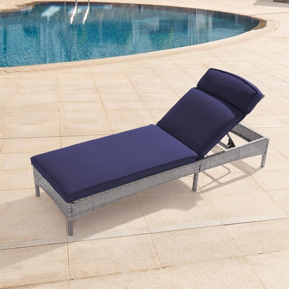 ACEGOSES Patio Chaise Chair, Rattan Single Lounge Water-Repellent Cushion Adjustable Suiting for Yard, Poolside and Beach, Navy Blue