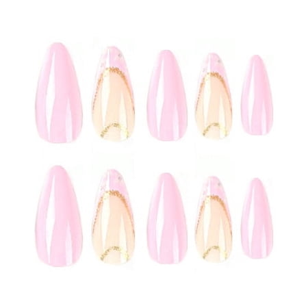 Soft Pink Gold Accent Gradient Press on Nails, Medium Almond Glossy Artificial Nails, 24 Count