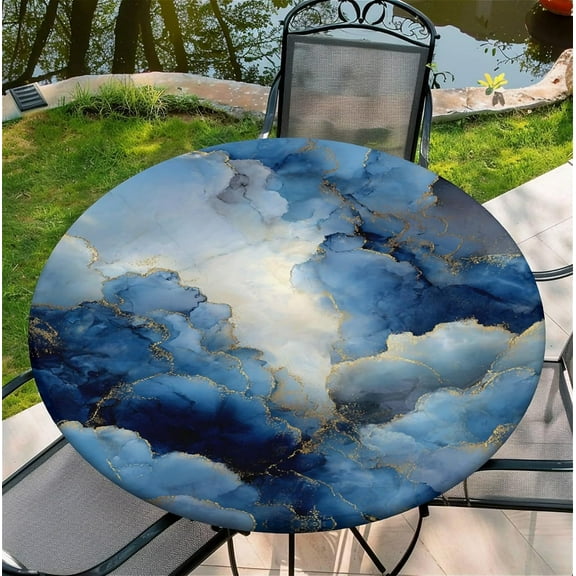 Round Fitted Tablecloth with Elastic Edge Design Table Cover Waterproof Stain-Resistant Wipeable Table Cloth Best for 42"-46" Round Tables for Outdoor Indoor Blue Marble