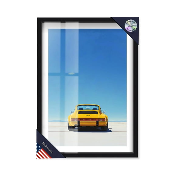 Yellow Car Shadowbox Print Sports Framed Prints by Notoriart, Black Frame, 11 x 16