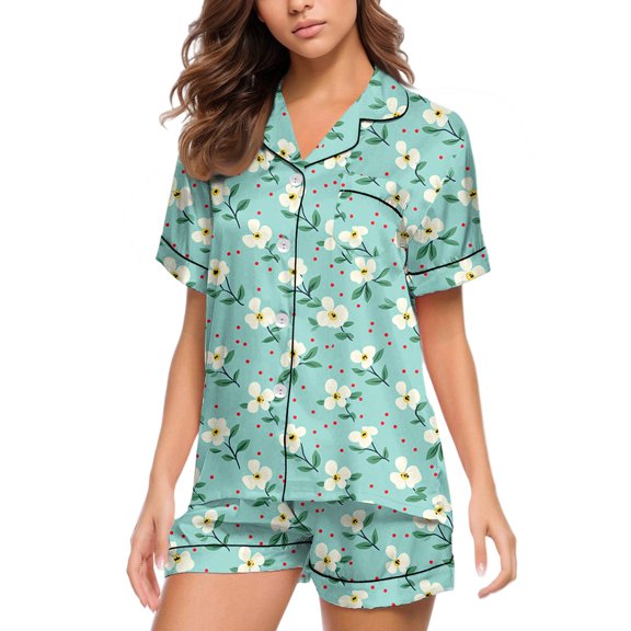 Fashion Floral Print Pajama Set - Short Sleeve Button Top & Stretchy Shorts, Trendy Two-Piece Sleepwear for Women,Green L