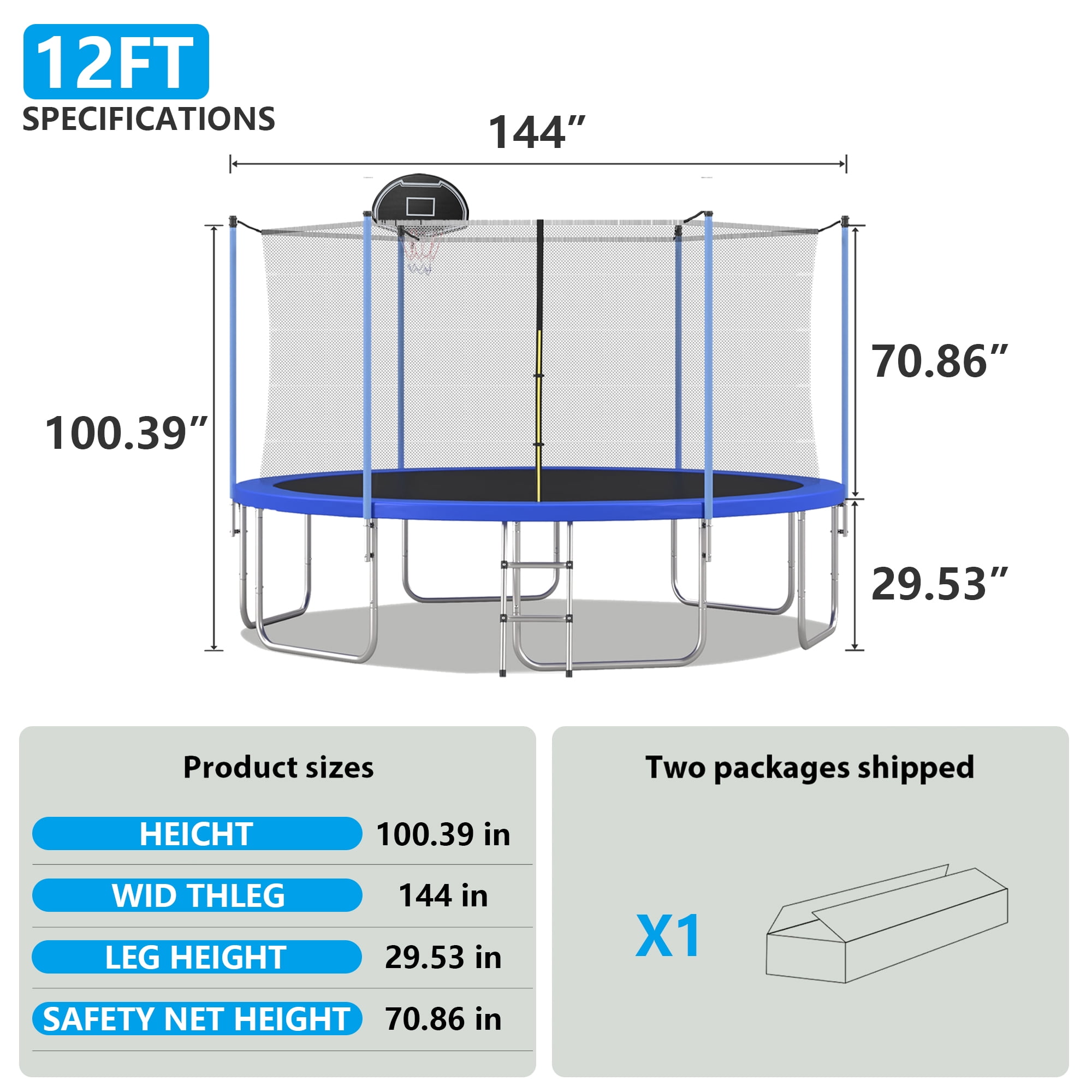 Shengchao Trade 12FT Trampoline with Safety Enclosure Net, ASTM Approval, Basketball Hoop