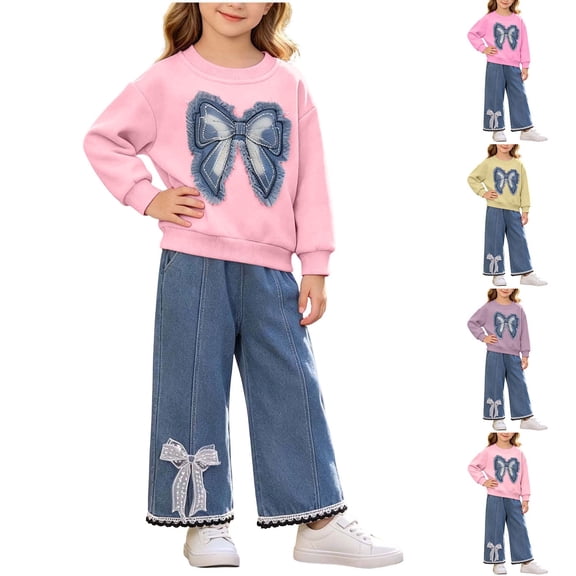 YUANxueke Girls Long Sleeve Bowknot Patchwork Pullover Sweatshirt & Bow Lace Trim Faux Jeans 2-Piece Fashion Outfit Sets
