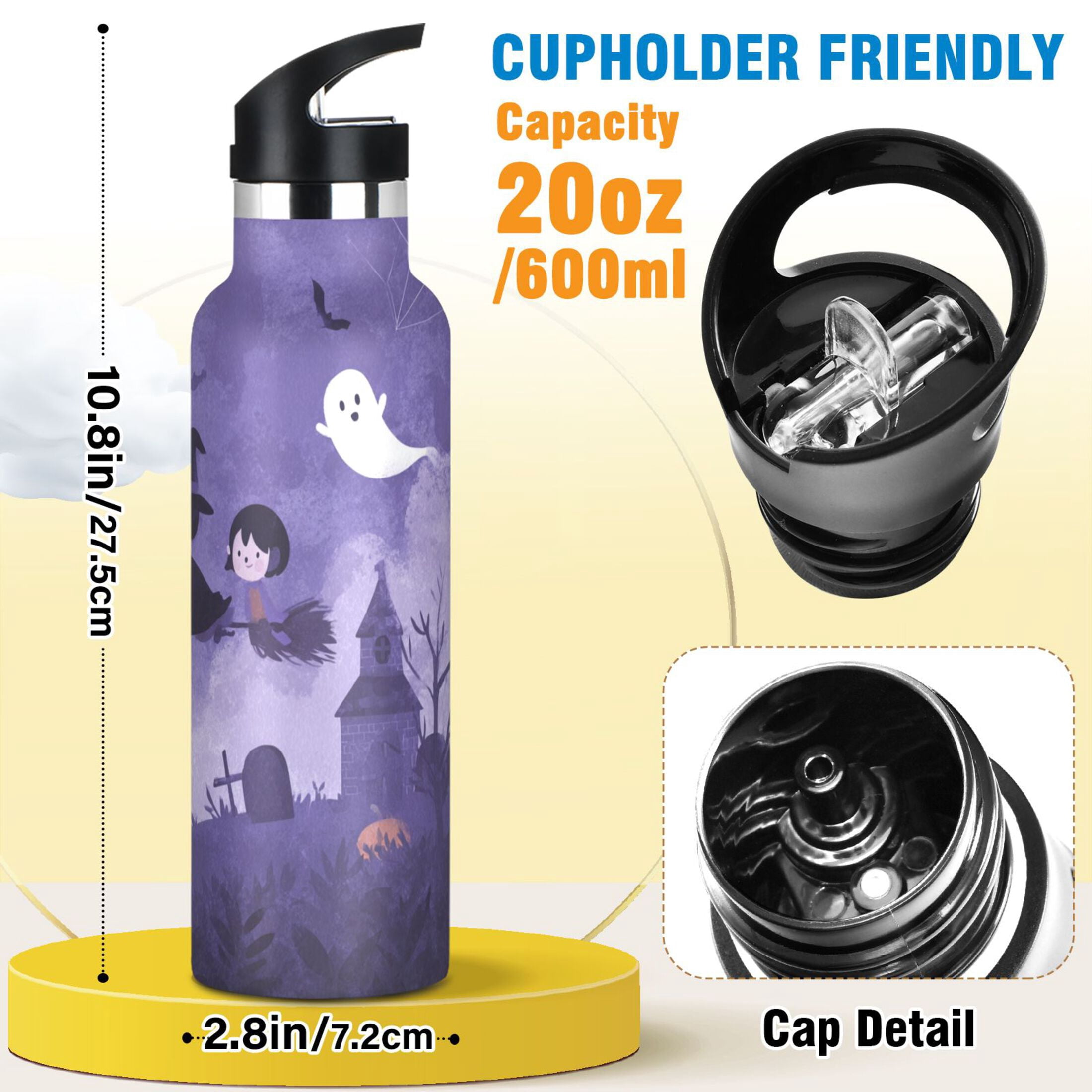 Kids Insulated Stainless Steel Sports Water Bottle 600ml (20oz) Purple Halloween-themed Background