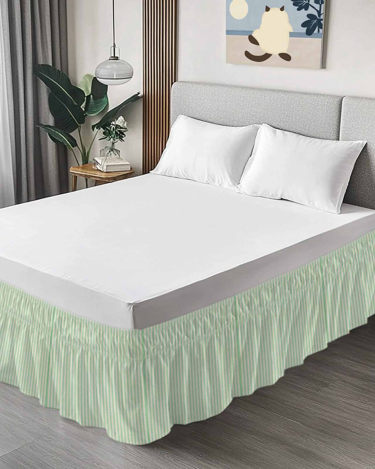 Sage Green Striped Wrap Around Bed Skirts for King Bed 18" Drop, Bed Skirt with Adjustable Elastic Belt Dust Ruffle Bed Valance for Bedroom Hotel Luxury Modern Simple Farmhouse Beige Bed Frame Cover