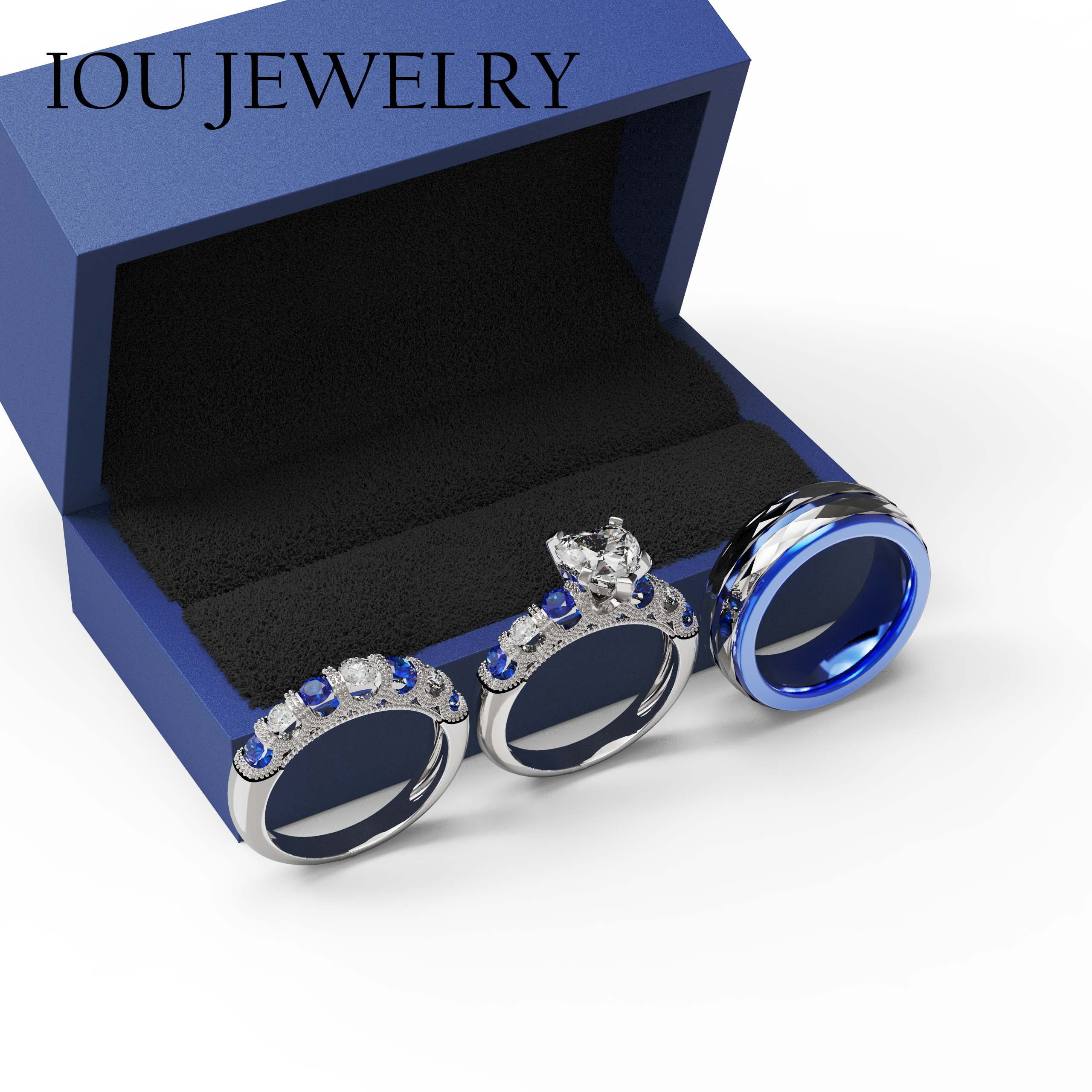3pc Couples Wedding Ring Sets His And Hers Women Sterling Silver Blue Moissanite and men Wedding Bands Together With Ring Gift Jewelry Box