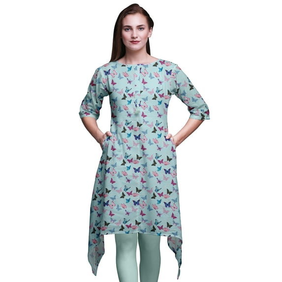 Bimba Green Artistic Printed Asymmetrical Kurti Tops for Women Indian Summer Dress Tunic XX-Large