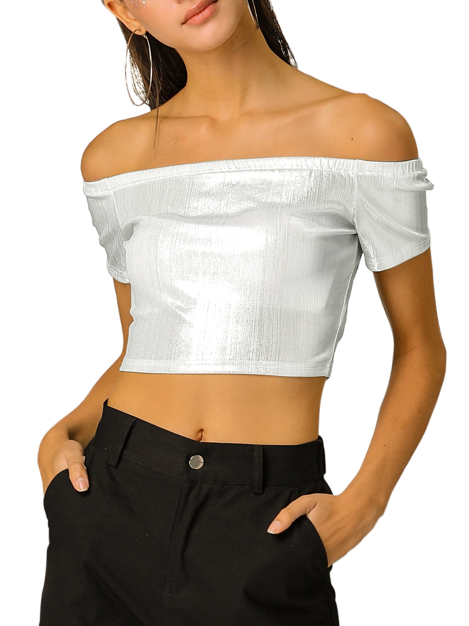 Unique Bargains Women's Off Shoulder Party Club Shiny Metallic Crop