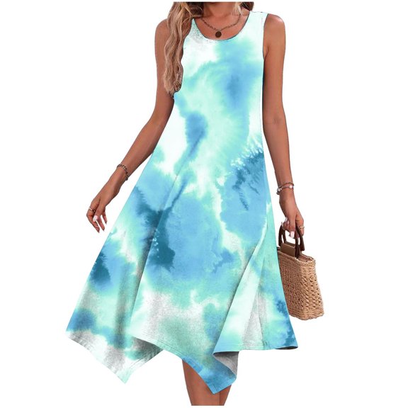Itsame Women Summer Dress Pocket Round Neck Thin Dress Blue Size S