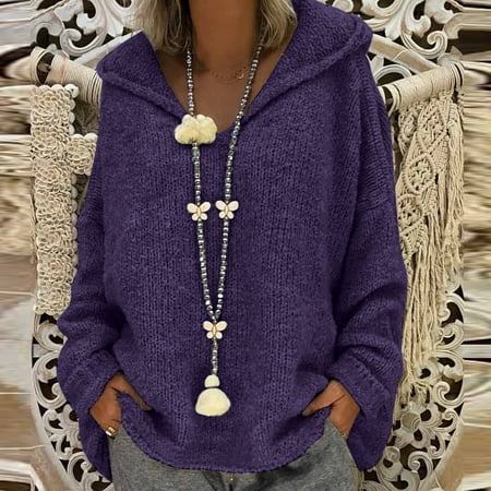 

Aligament Womens Tops Fashion Loose Large Size Solid Color Hood Long Sleeves Sweater Women Long Sleeve Tee Shirt Pajamas Women Purple XL