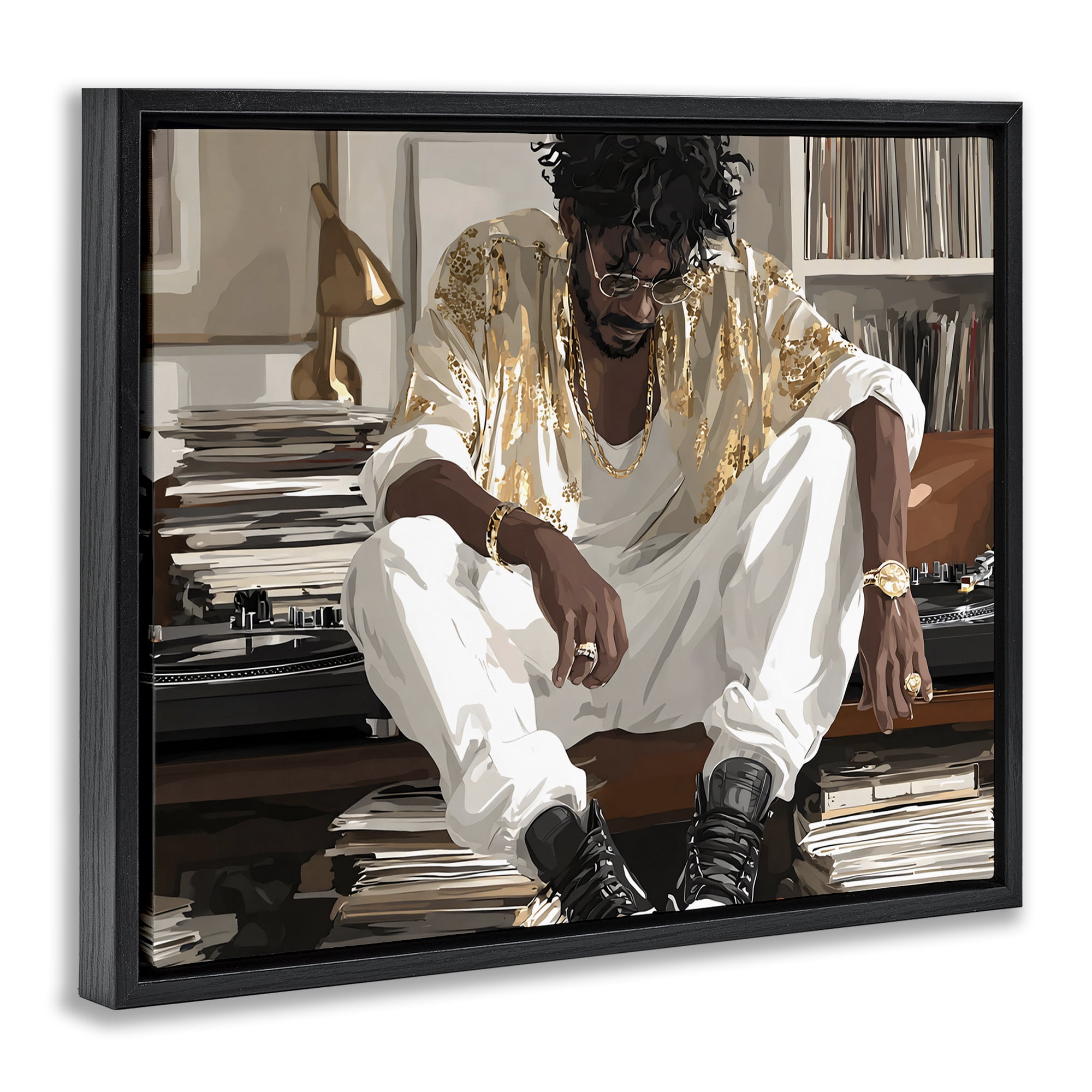 Stupell Industries DJ with Record Collection Black Framed Floater Canvas Wall Art, design by Franklyn Gregory