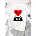 thumbnail image 2 of Camiseta informal de cuello redondo para mujer con estampado de gato negro y corazón, 100 % algodón, elasticidad media, ideal para todas las estaciones., 2 of 6