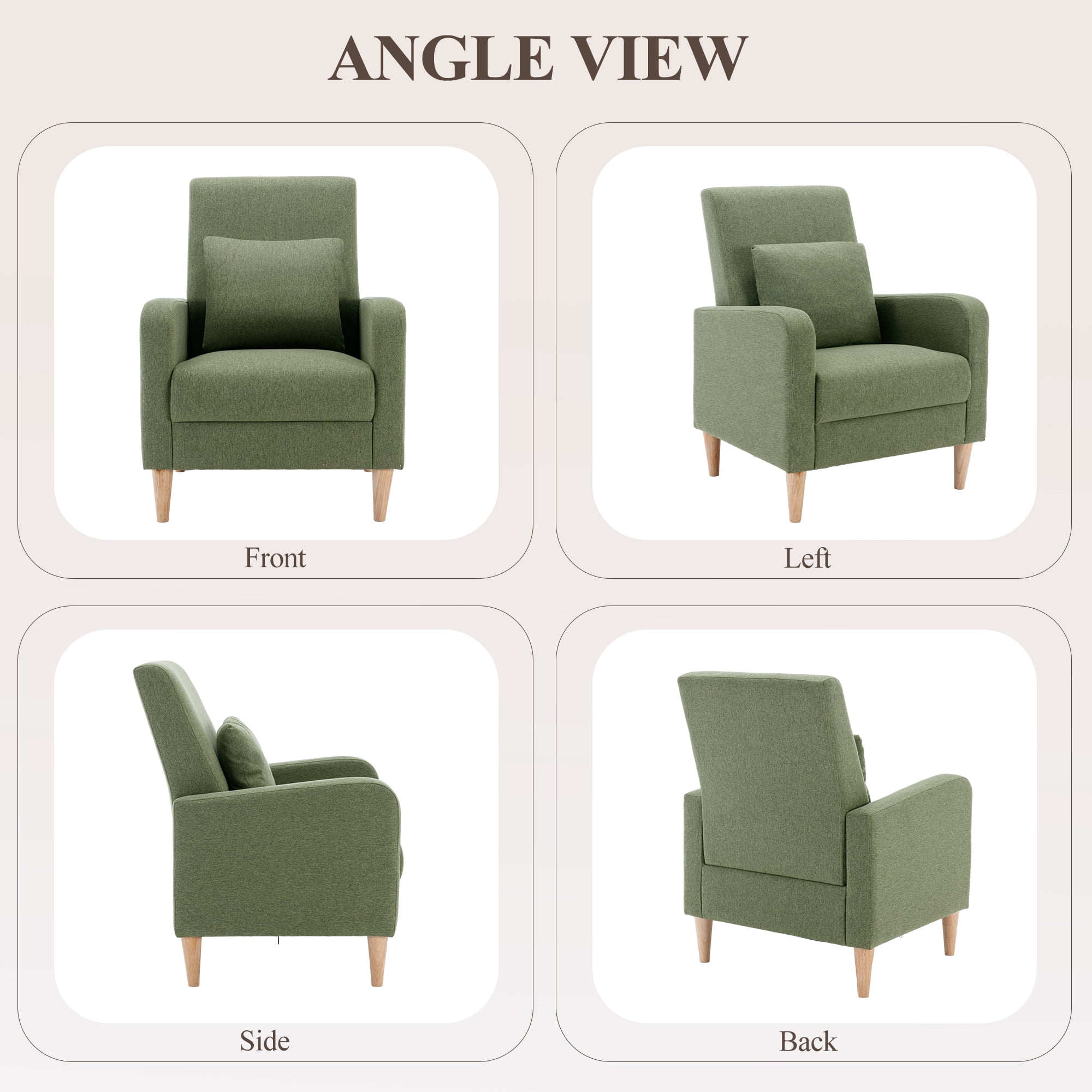 Single Sofa Armchair(Set of 2) — Upholstered Lounge Seat with Removable Pillow and Sturdy Wood Legs, Green