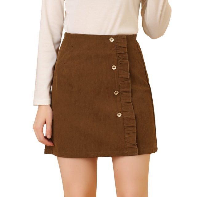 Falda cruzada de imitación de cintura alta con ribete con volantes y decoración de botones vintage de pana para mujer Marrón XS