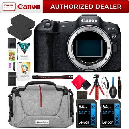 Canon EOS R8 Full Frame Mirrorless Interchangeable Lens Camera Body Bundle with Deco Gear Photo Bag + 2 x Battery + 2 x 64GB Memory Cards + Accessories Kit | Canon Official Partner