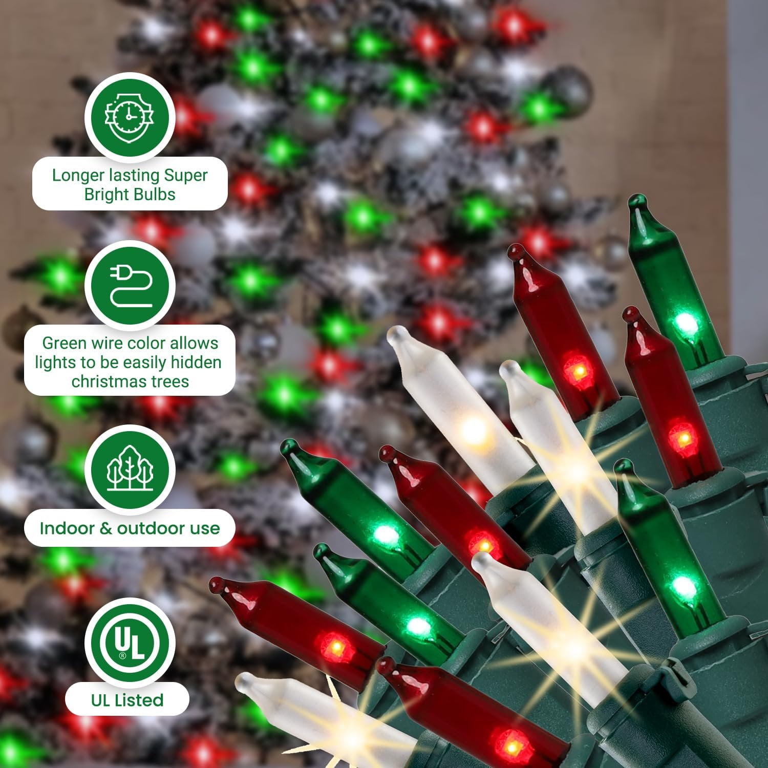 Christmas Uniquely LED Twinkle Lights  Matches Incandescent Exactly - 16 of 100 Lights Twinkling - Indoor Outdoor  100 Red, Green and White Bulbs - 24.75 Feet, Christmas Tree Sparkling Lights String