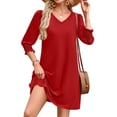 thumbnail image 2 of Vestido de verano WIHOLL 2025 con cuello en V y manga 3/4 para mujer, rojo S, 2 of 4