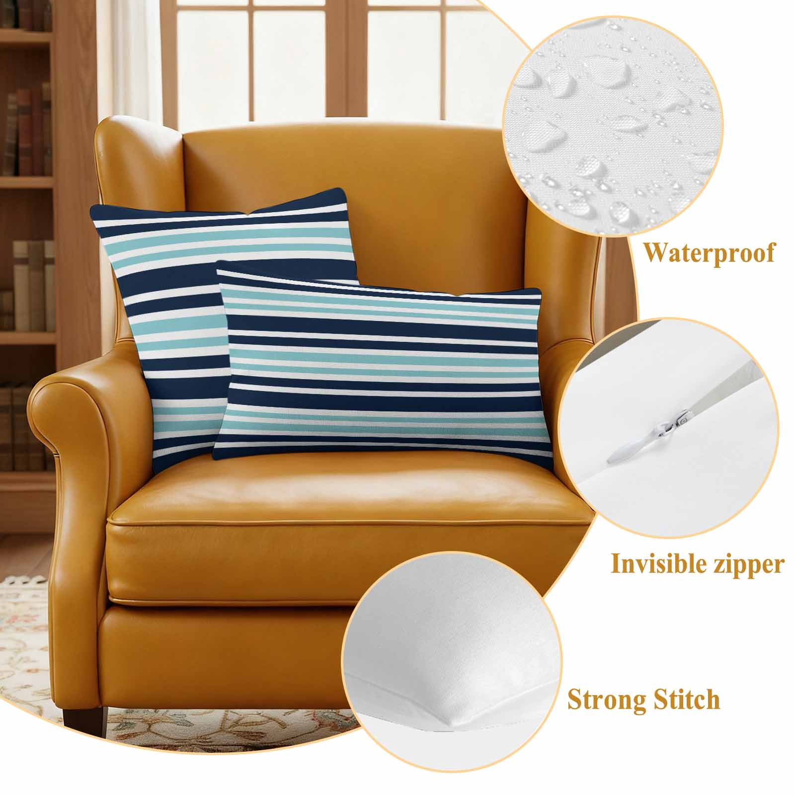 Outdoor Waterproof Pillow Covers Nautical Navy Blue Contrast Stripe Decorative Throw Pillow Protectors,Pillowcase Cushion Cases for Patio Sofa Garden Couch,20x12in,Pack of 2
