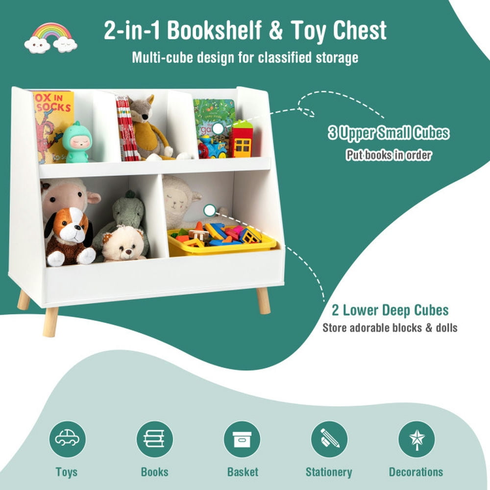 Topcobe 5-Cube Kids Bookshelf and Toy Organizer with Anti-Tipping Kits, Kids Toy Storage Organizer-White