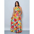 thumbnail image 6 of Womens Red Allover Tropical Floral Print Halter Neck Maxi Dress With Self-Tie Belt, Flowing Vacation Style, 6 of 8