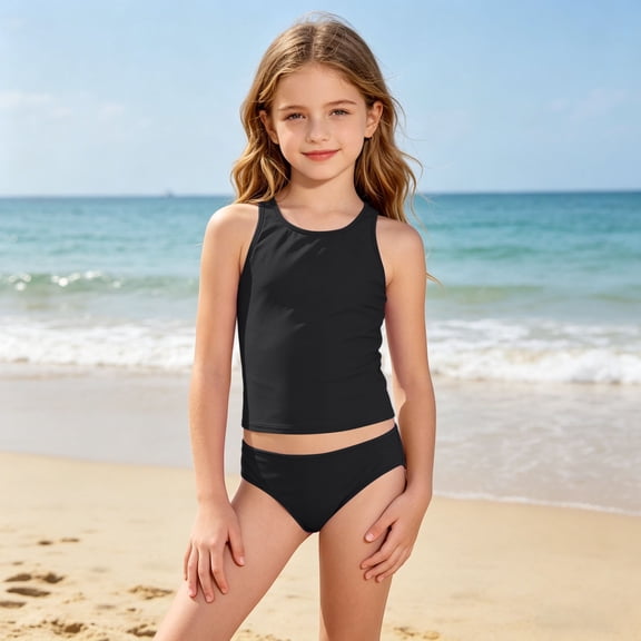 Girls Swimsuits Youth Two Piece Swimsuit Set Solid Color Classic Tankini Top Easy Wear for Beach Pool Girls Bathing Suit Size 10-12Y