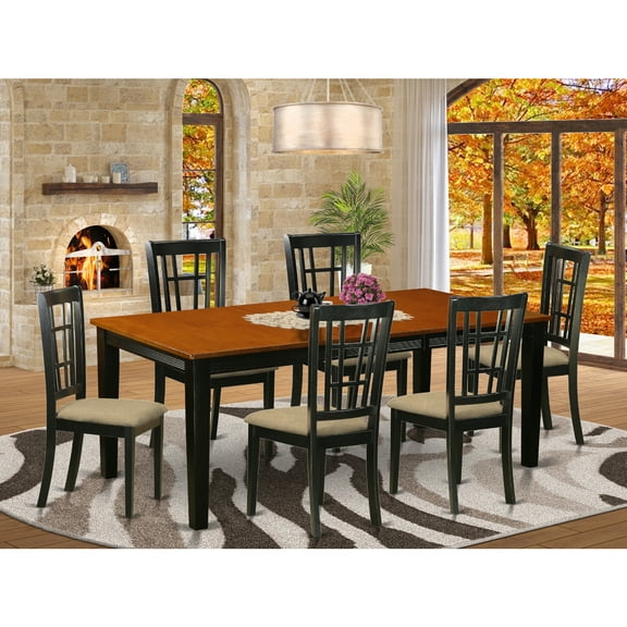 East West Furniture  7 Piece Dining Room Table Set- a Rectangle Table and 6 Kitchen Dining Chairs, Black & Cherry (Seat Option) QUNI7-BCH-C